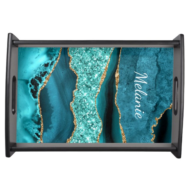 Teal Blue Gold Marble Serving Tray and Custom Name (Front)