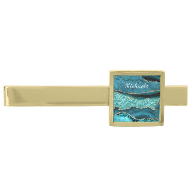 Teal Blue Gold Marble Tie Bar with Custom Name (Front)