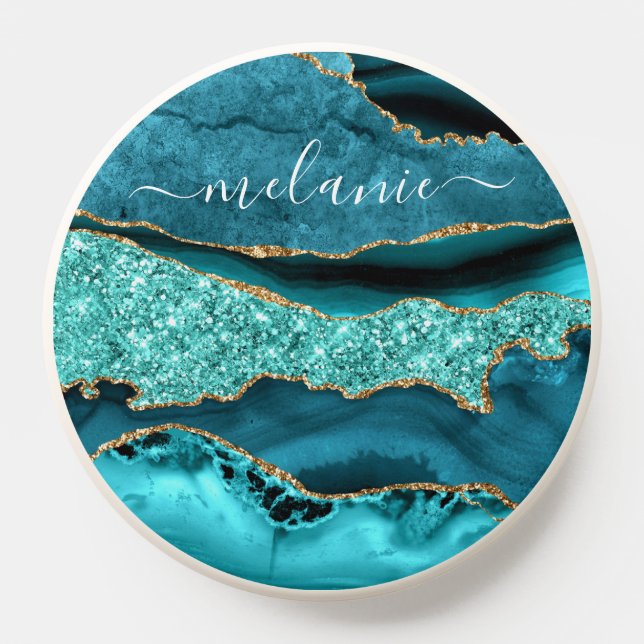 Teal Blue Gold Marble Turquoise Add Name PopSocket (Popsocket)