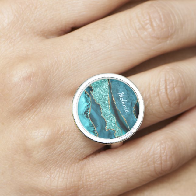 Teal Blue Gold Marble Turquoise Custom Name Ring (In Situ)
