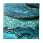 Teal Blue Gold Marble Turquoise Custom Name Tile<br><div class="desc">Ceramic Tiles with Agate Teal Blue Gold Glitter Marble Aqua Turquoise Geode Customizable Tile Gift - Add Your Name / Text - Make Your Special Gift ! Resize and move or remove / add text / elements with Customization tool ! Design by MIGNED ! Please see my other projects /...</div>