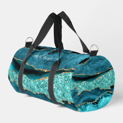 Teal Blue Gold Marble Turquoise Custom Your Name Duffle Bag