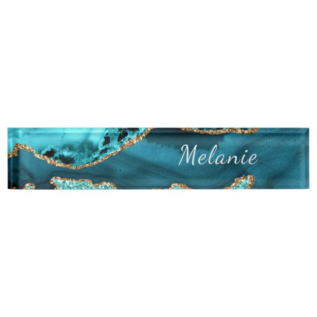 Teal Blue Gold Marble Turquoise Desk Name Plate (Front)