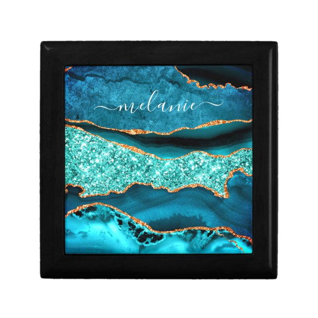 Teal Blue Gold Marble Turquoise Gift Box Your Name (Front)