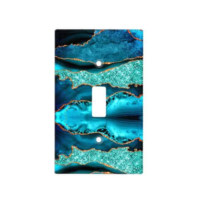 Teal Blue Gold Marble Turquoise Light Switch Cover (Front)