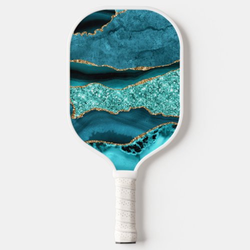 Teal Blue Gold Marble Turquoise Pickleball Paddle