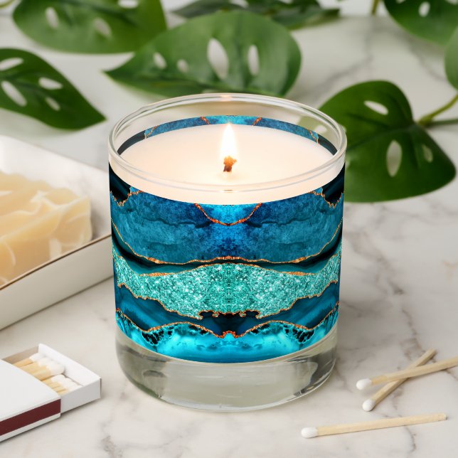 Teal Blue Gold Marble Turquoise Scented Candle (Lit)