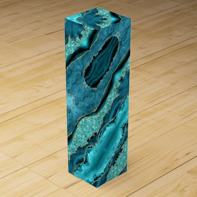 Teal Blue Gold Marble Turquoise Wine Box (Front)