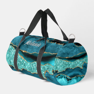 Teal Blue Gold Marble Turquoise with Custom Name Duffle Bag