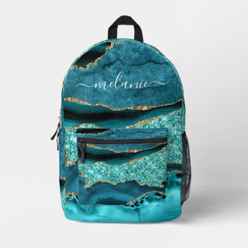 Teal Blue Gold Marble Turquoise Your Name Backpack