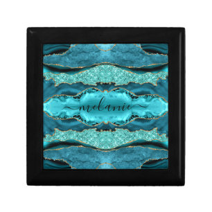Teal Blue Gold Marble Turquoise Your Name Gift Box