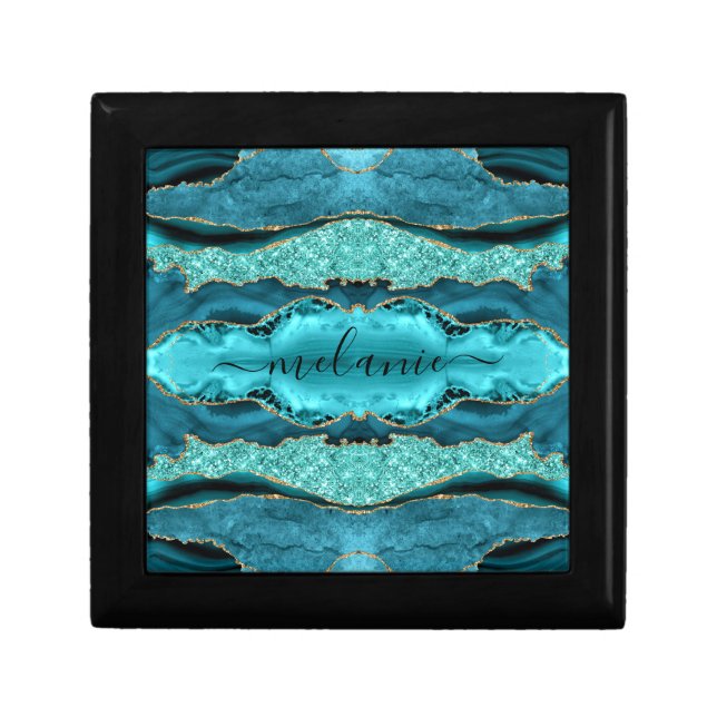 Teal Blue Gold Marble Turquoise Your Name Gift Box (Front)