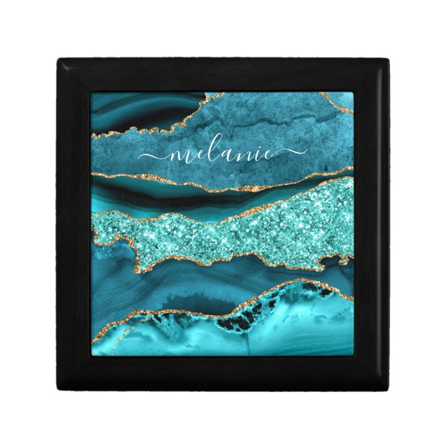 Teal Blue Gold Marble Turquoise Your Name Gift Box (Front)