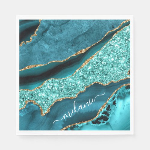 Teal Blue Gold Marble Turquoise Your Name Napkins