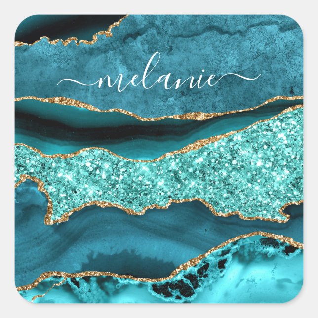 Teal Blue Gold Marble Turquoise Your Name Sticker (Front)