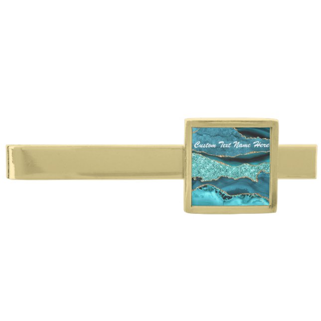 Teal Blue Gold Marble Turquoise Your Text Tie Bar (Front)