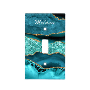 Teal Blue Gold Marble Your Name Light Switch Cover