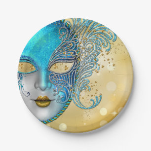 Teal Blue Gold Masquerade Party Paper Plates