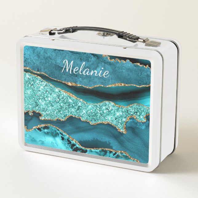 Teal Blue Gold Metal Lunch Box Personalized Name (Back)