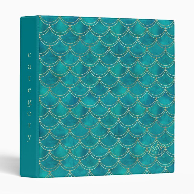 Teal Blue & Gold Monogram Mermaid  3 Ring Binder (Front/Spine)