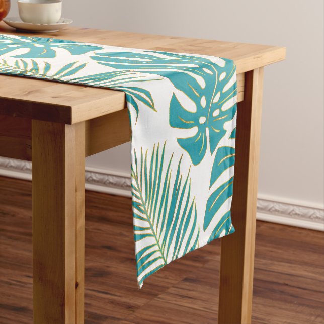 Teal blue, gold palm and monstera tropical leaves short table runner (In Situ)