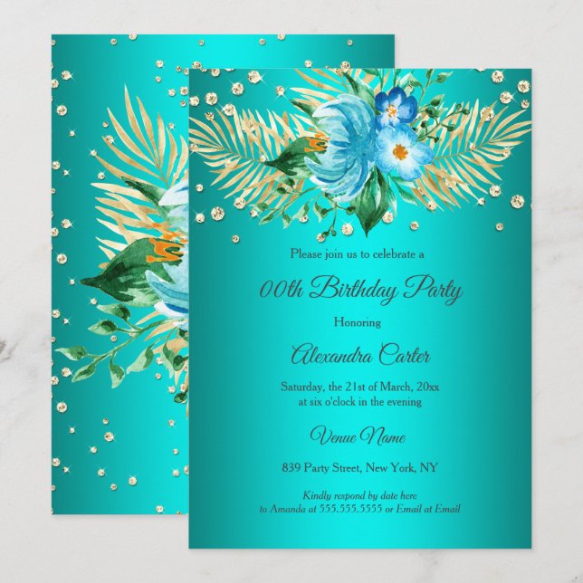 Teal blue gold palms floral Birthday Party Invitation (Front/Back)