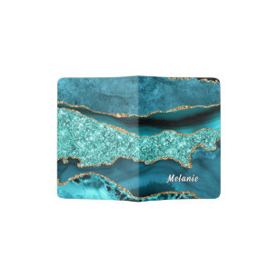 Teal Blue Gold Passport Holder Personalized Name