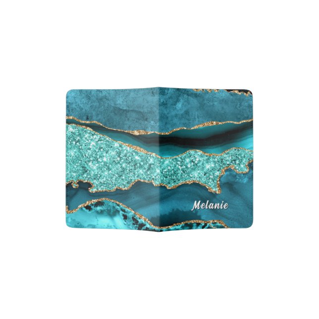 Teal Blue Gold Passport Holder Personalized Name (Opened)