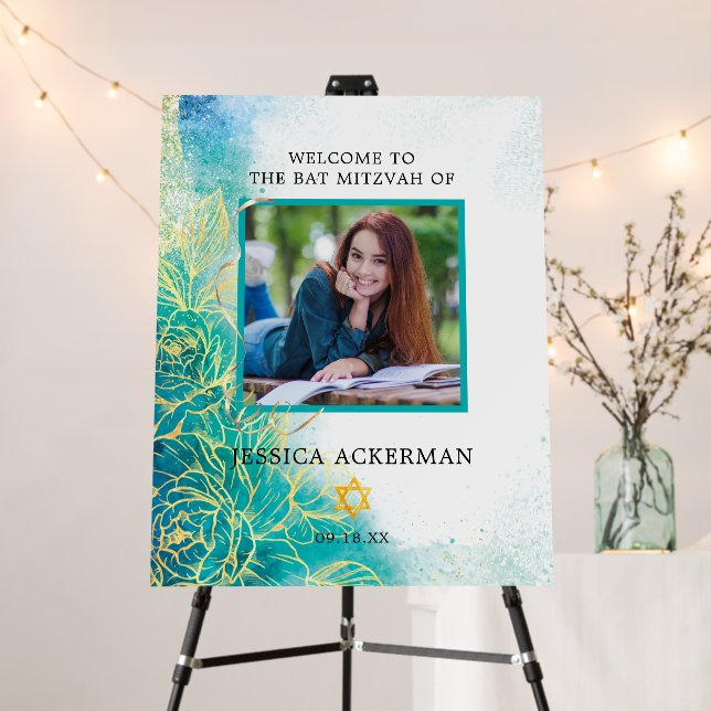 Teal Blue & Gold | Photo Bat Mitzvah Welcome Foam Board (In Situ (Stand))