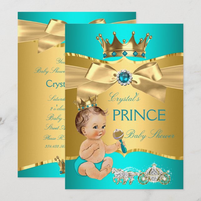 Teal Blue Gold Prince Baby Shower Brunette Boy Invitation (Front/Back)
