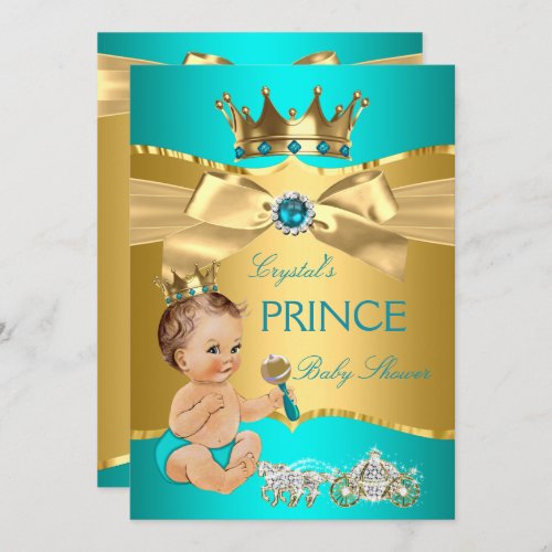 Teal Blue Gold Prince Baby Shower Brunette Boy Invitation