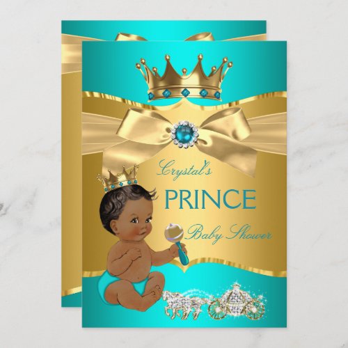 Teal Blue Gold Prince Baby Shower Ethnic Invitation