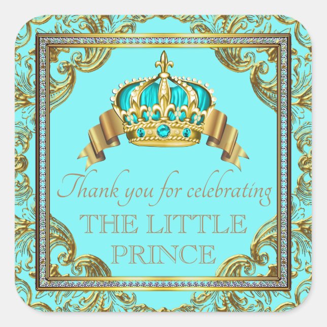 Teal Blue Gold Prince Baby Shower Stickers (Front)