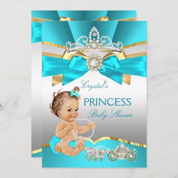Teal Blue Gold Princess Baby Shower Brunette Invitation by VintageBabyShop at Zazzle