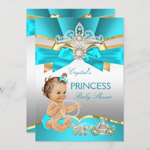 Teal Blue Gold Princess Baby Shower Brunette Invitation
