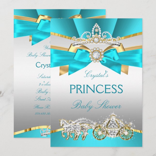 Teal Blue Gold Princess Baby Shower Carriage Invitation (Front/Back)