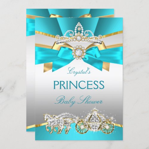 Teal Blue Gold Princess Baby Shower Carriage Invitation