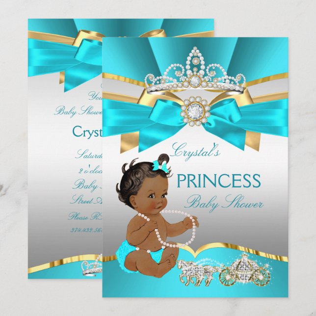 Teal Blue Gold Princess Baby Shower Ethnic Invitation (Front/Back)