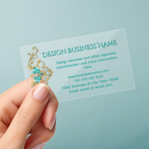 Teal Blue Gold Professional Elegant Ornate gem Clear Business Cards