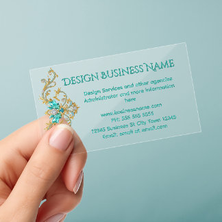 Teal Blue Gold Professional Elegant Ornate gem Clear Business Cards