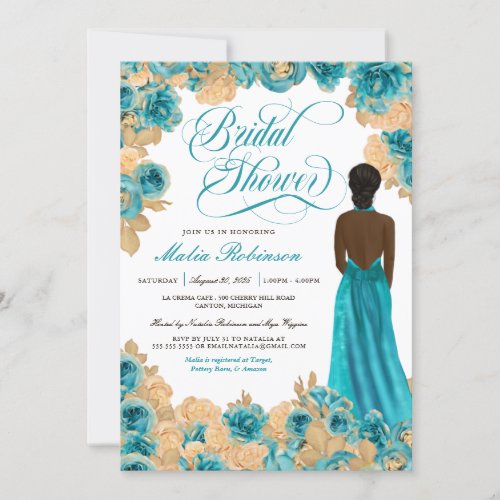 Teal Blue  Gold Roses Elegant Gown Bridal Shower  Invitation