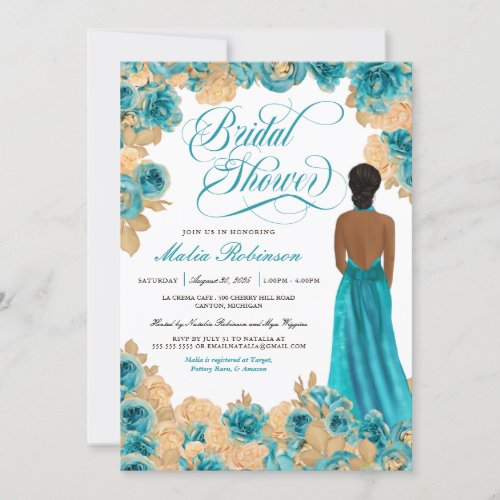 Teal Blue  Gold Roses Elegant Gown Bridal Shower  Invitation