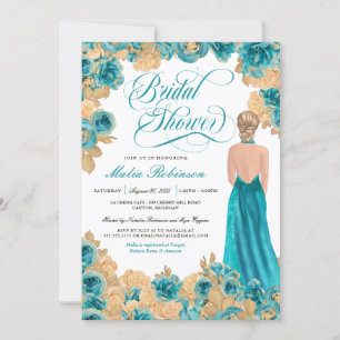 Teal Blue & Gold Roses Elegant Gown Bridal Shower  Invitation