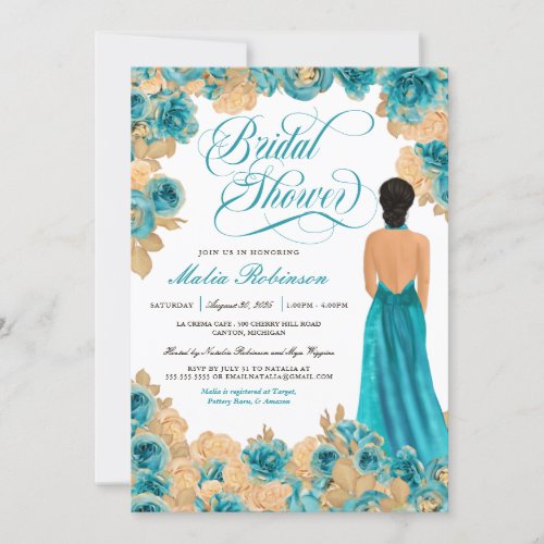 Teal Blue  Gold Roses Elegant Gown Bridal Shower  Invitation