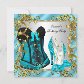 Teal Blue Gold Silver Corset High Heel Party Invitation