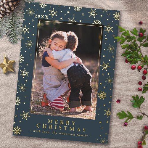 Teal Blue Gold Snowflakes Elegant Christmas Photo Foil Holiday Card