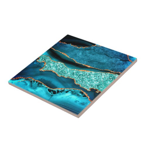 Teal Blue Gold Sparkly Marble Aqua Turquoise Tile