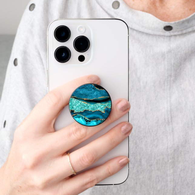 Teal Blue Gold Sparkly Marble Glitter PopSockets (Hand)