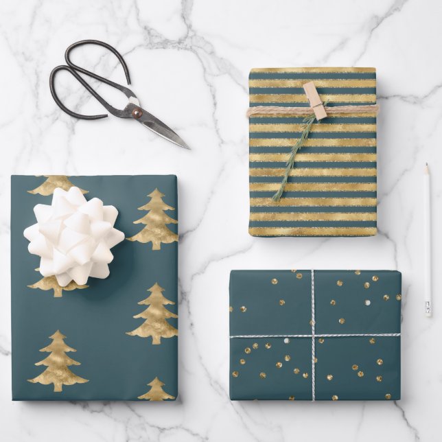 Teal Blue Gold Stripes Christmas Trees Confetti Wrapping Paper Sheets (Front)