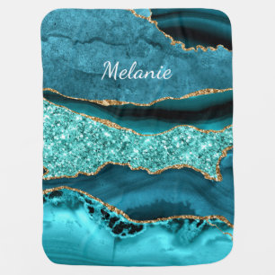Teal Blue Gold Turquoise Custom Name Baby Blanket
